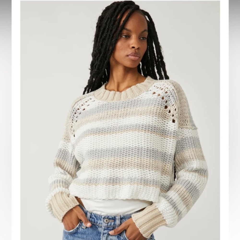 Free People Devon Sweater Blue and Tan Striped Pullover Knit NWT Size S